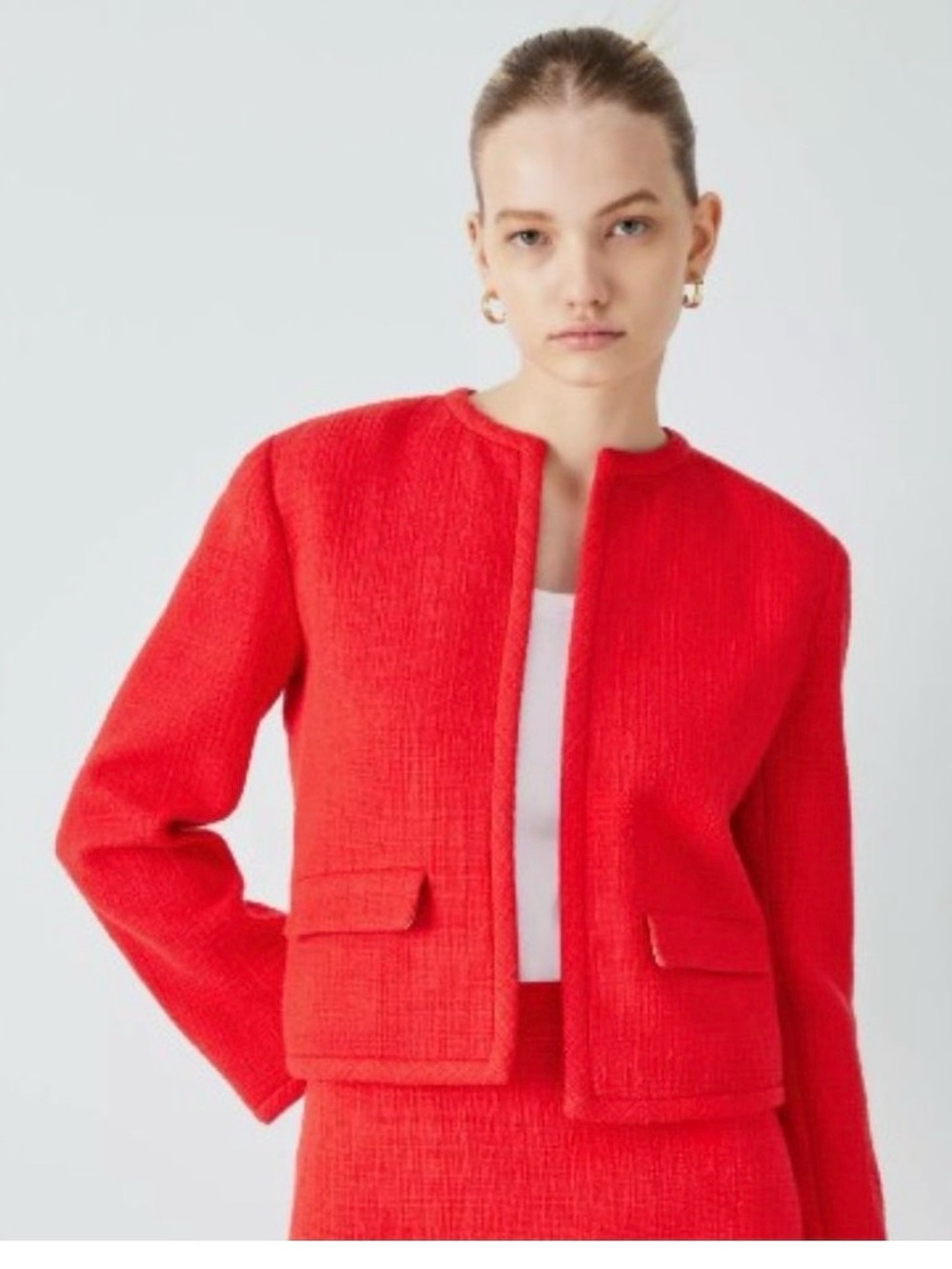 Theory Red cropped Collarless Tweed Jacket Blazer in grenadine